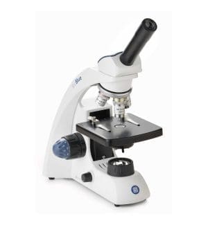 Euromex BioBlue BB.4200 monocular microscope with LED lighting, 4x, 10x, and 40x semi-plan objectives, and ergonomic design for education and training.