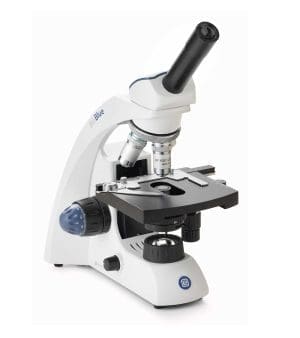 Euromex BioBlue BB.4250 monocular microscope with LED lighting, 4x, 10x, and 40x semi-plan objectives, and ergonomic design for education and training.
