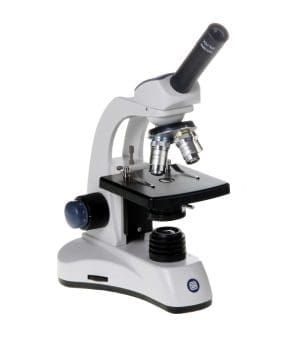 Euromex EcoBlue EC.1101 monocular microscope with achromatic objectives, mechanical stage, LED illumination, and durable ergonomic design for educational use.