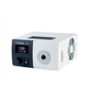 Photonic F5100 LED Cold Light Source, high-power 1,400 lm output, flicker-free, OLED display, strobe functionality, USB and foot switch controllable, robust housing for microscopy applications.