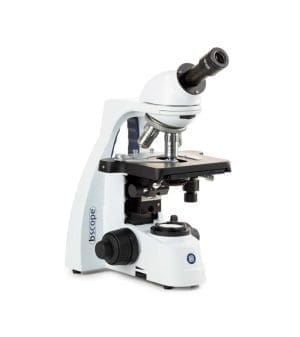 Euromex bScope monocular microscope with NeoLED lighting, E-Plan objectives, 45° inclined viewing head, and integrated cable storage system for educational and laboratory use.
