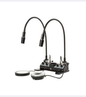 Euromex LE.5212 Illumination Station with dual gooseneck LEDs, 60-LED ring light, and transmitted light base for stereo microscopy.