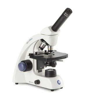 Euromex MicroBlue MB.1051 monocular microscope with achromatic objectives, mechanical stage, LED illumination, and rechargeable battery for portable educational use.
